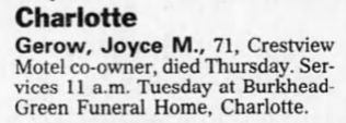 Crestview Motel - Mar 1997 Former Owner Passes Away